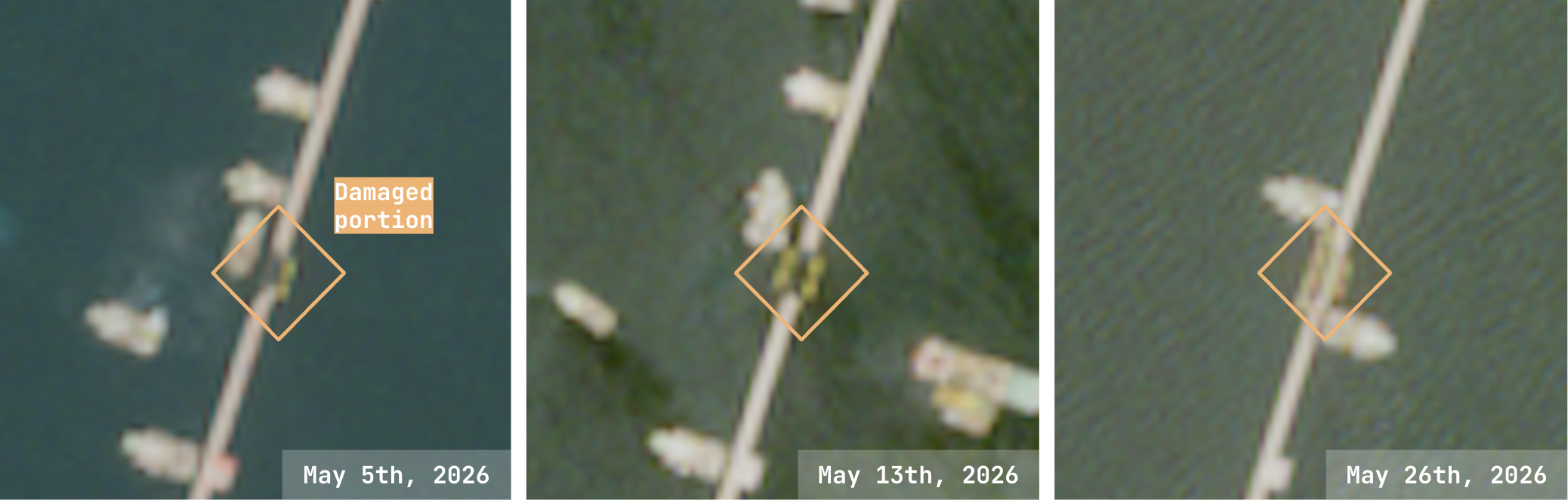 Repair progression on the damaged span across three May passes — 5, 13 and 26 May 2026.
